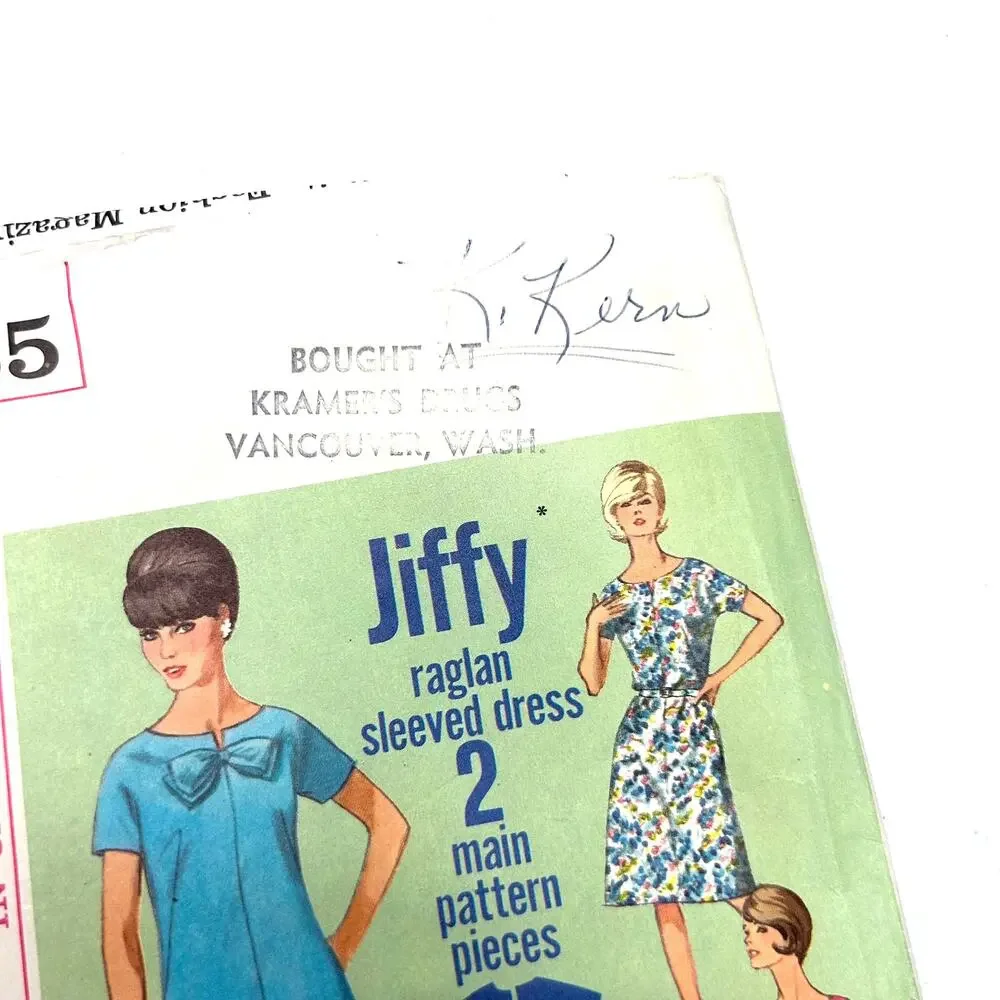 Simplicity Vintage 1965 Pattern #5985 Jiffy Raglan Sleeved Dress‎ Size 14.5